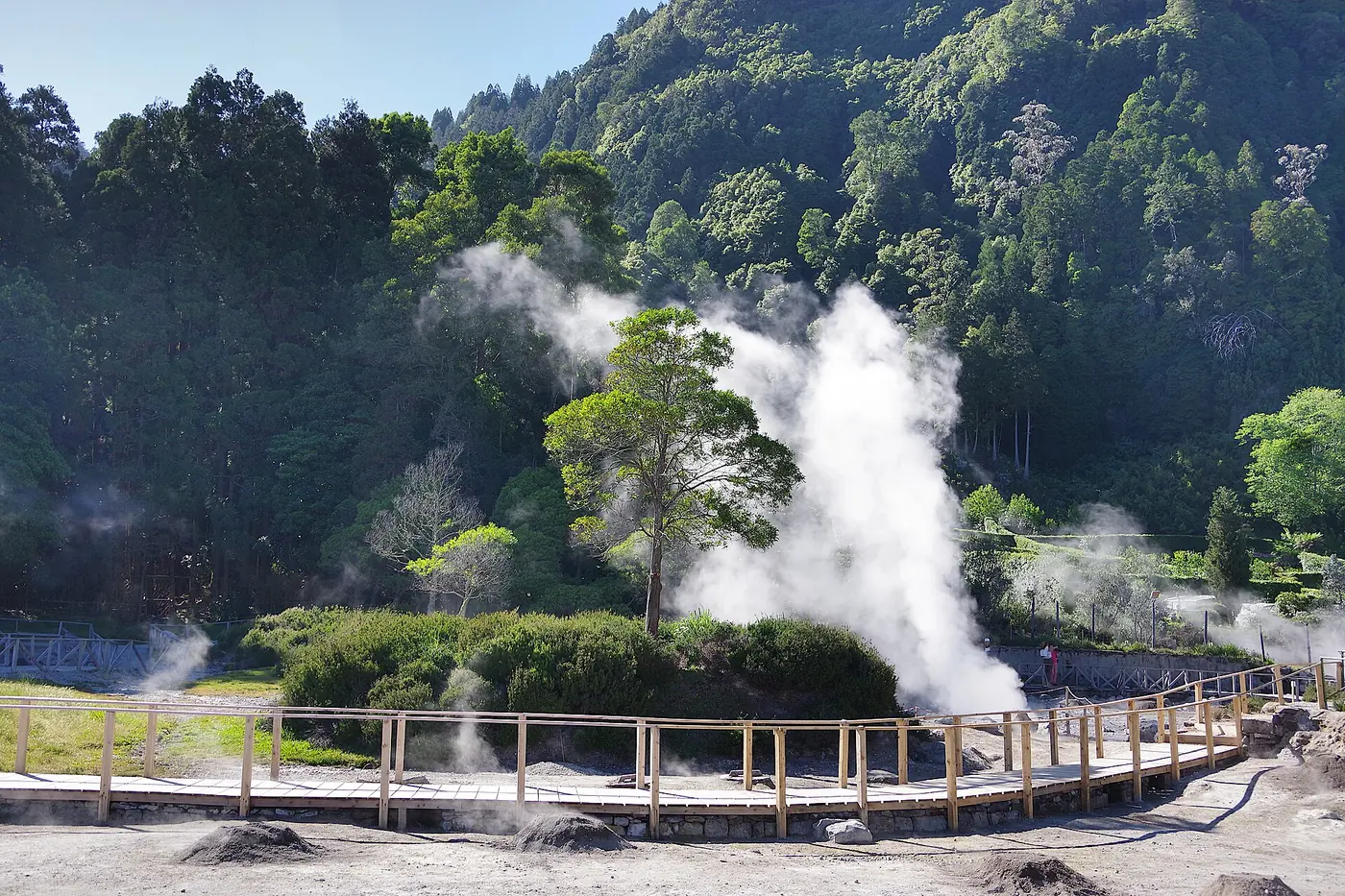 Steam rising from the fumaroles at Lagoa das Furnas
