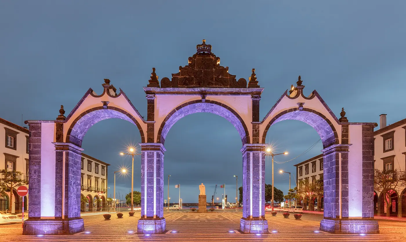 The Portas da Cidade in Ponta Delgada at dusk