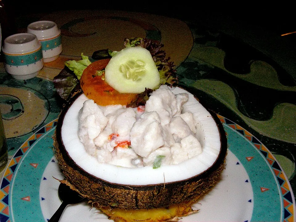 Kokoda, raw fish in coconut milk and lime, served in a coconut shell