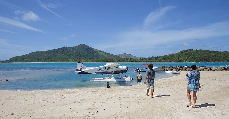 A seaplane arriving at a beach in the Yasawa Islands
