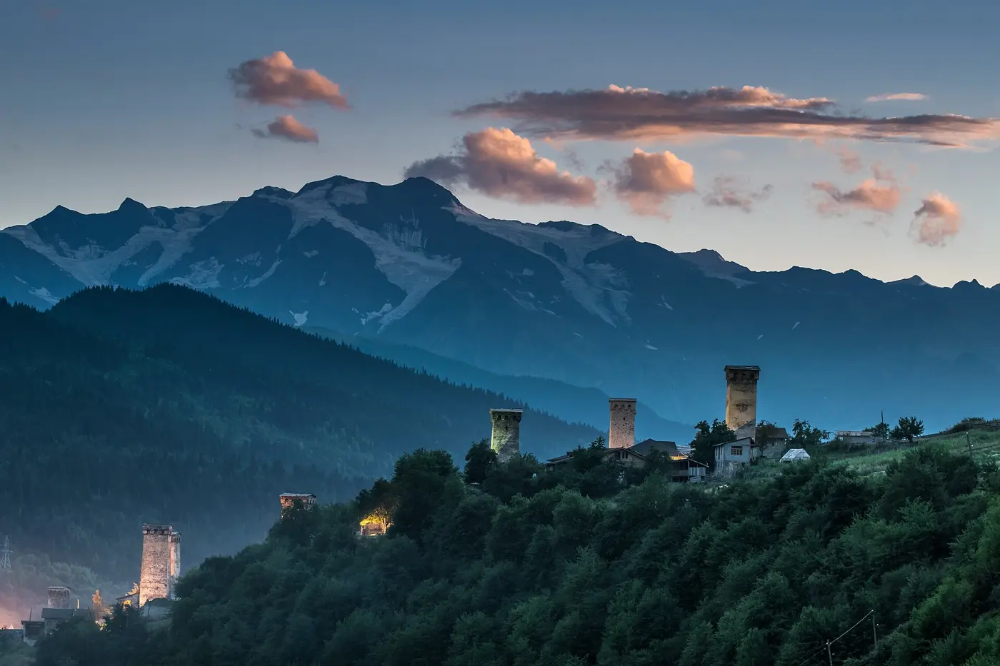 Svan towers in Mestia at dusk