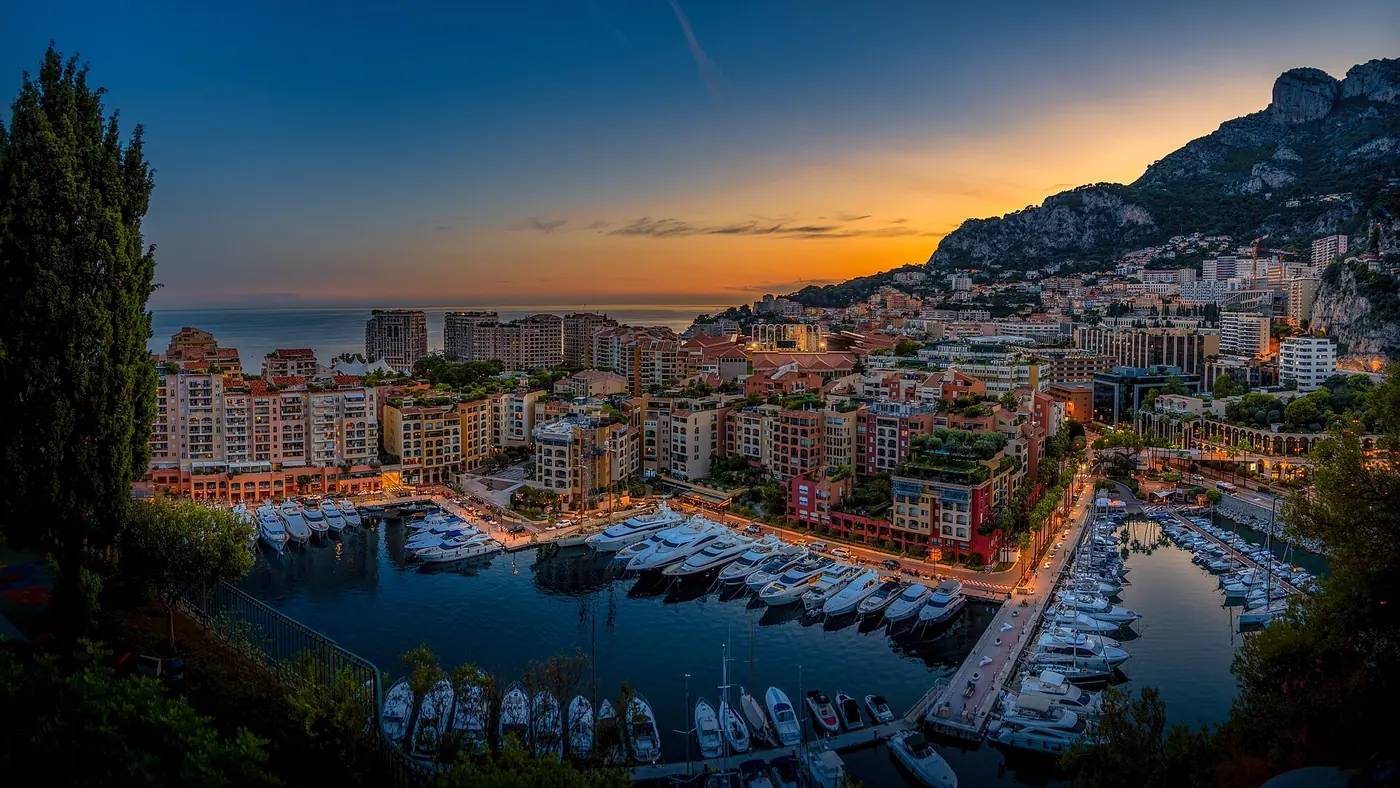 Fontvieille harbour and Monaco at sunset