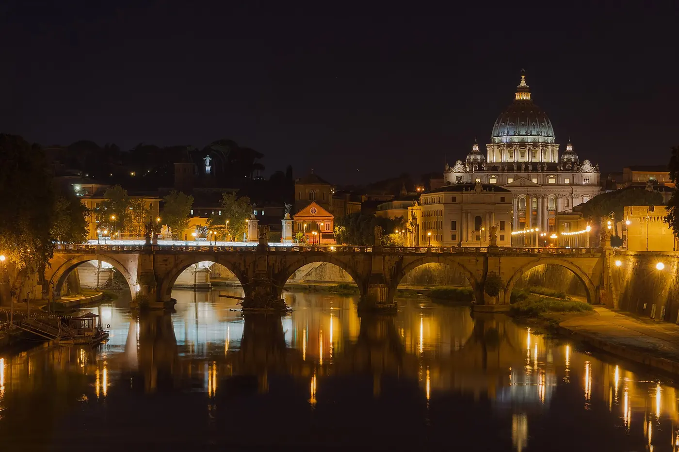 St. Peter's Basilica and the Ponte Sant'Angelo at night