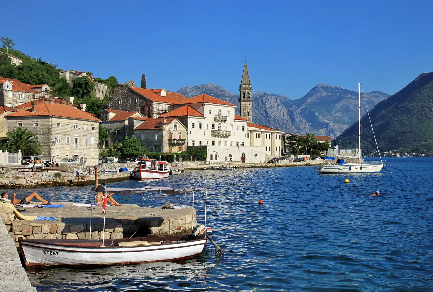 Perast and its bell tower from the west